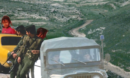 Picture of soldiers, Bedouin girls, military truck, and Judaen desert