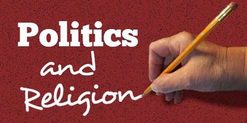 The name politics with a hand writing the following:and religion