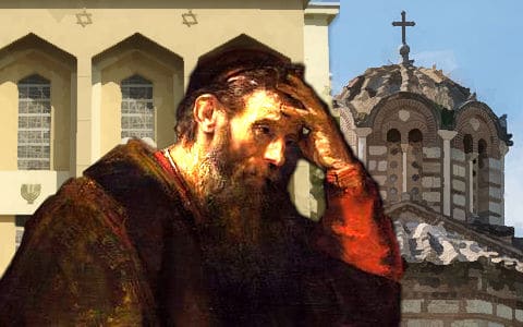 Paul with hand on head with Church on right Synagogue on left