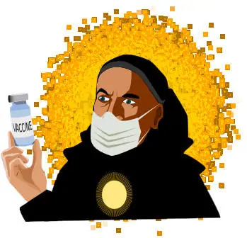 Thomas Aquinas masked and holding a COVID-19 vial