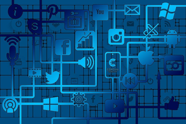 A blue labyrinth of apps, software, and brands.